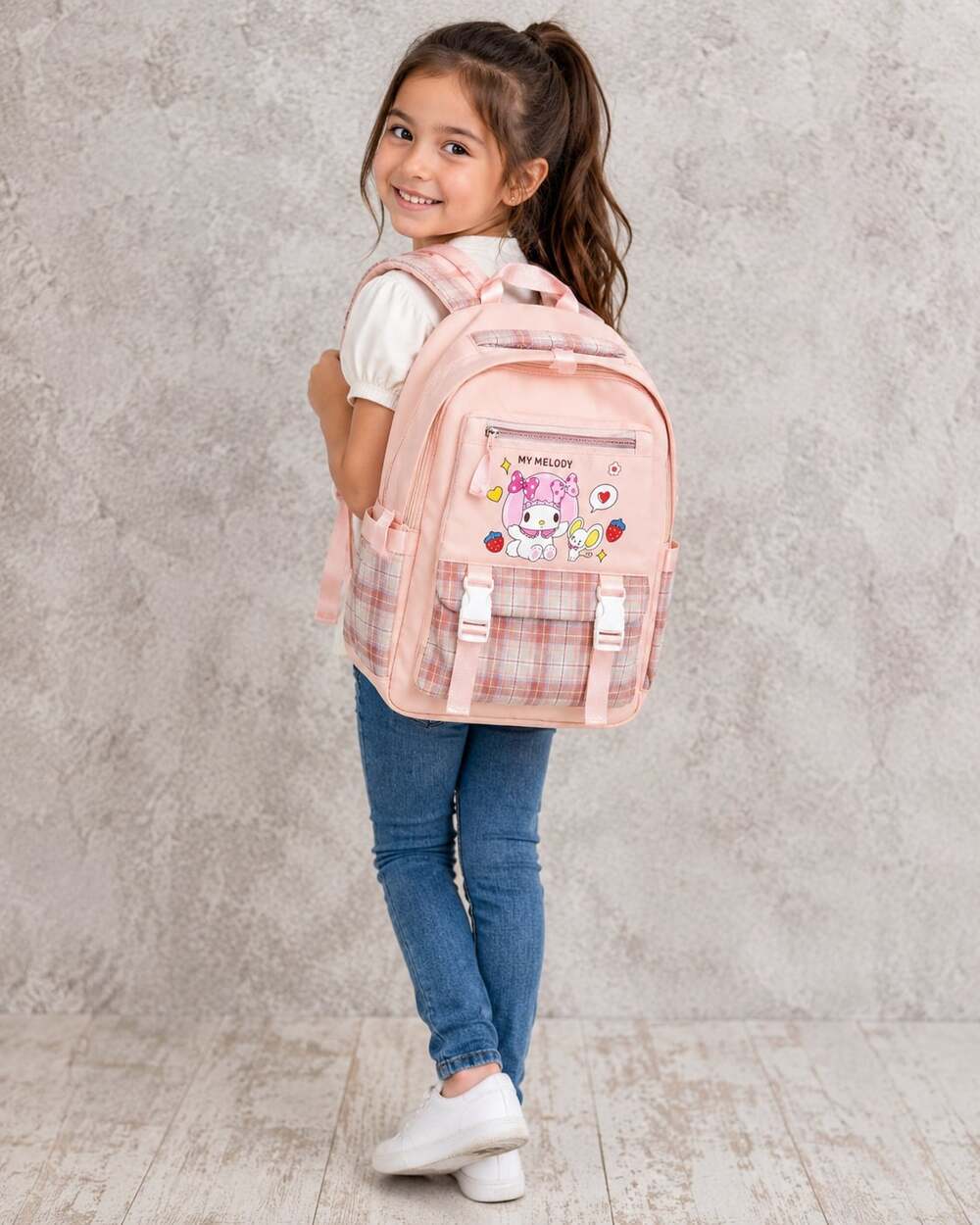 Sanrio NEW My Melody Pink Plaid Backpack Kawaii School Book Bag